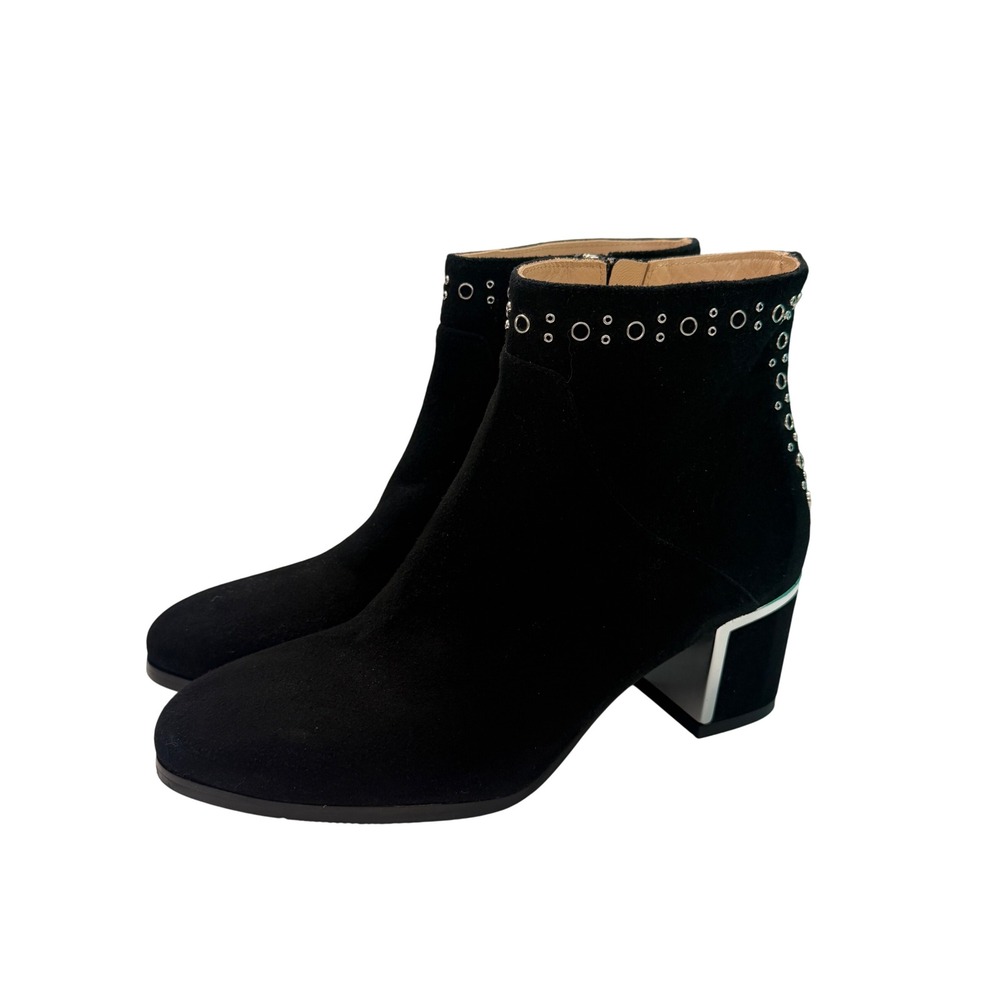Ron White Black Suede Grommet Ankle Booties Silver Trim Block Heel Italy 39